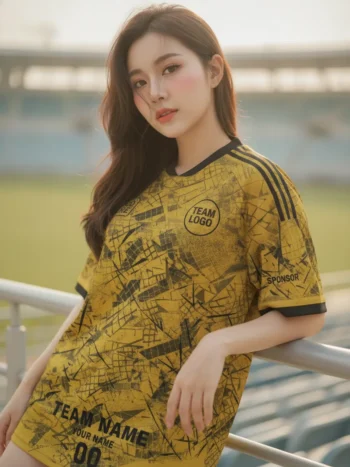 นางแบบใส่เสื้อกีฬาสีเหลือง ลายกรันจ์ดิสเทรส เหลือง-ดำ สั่งทำ สั่งทำใส่ชื่อทีม