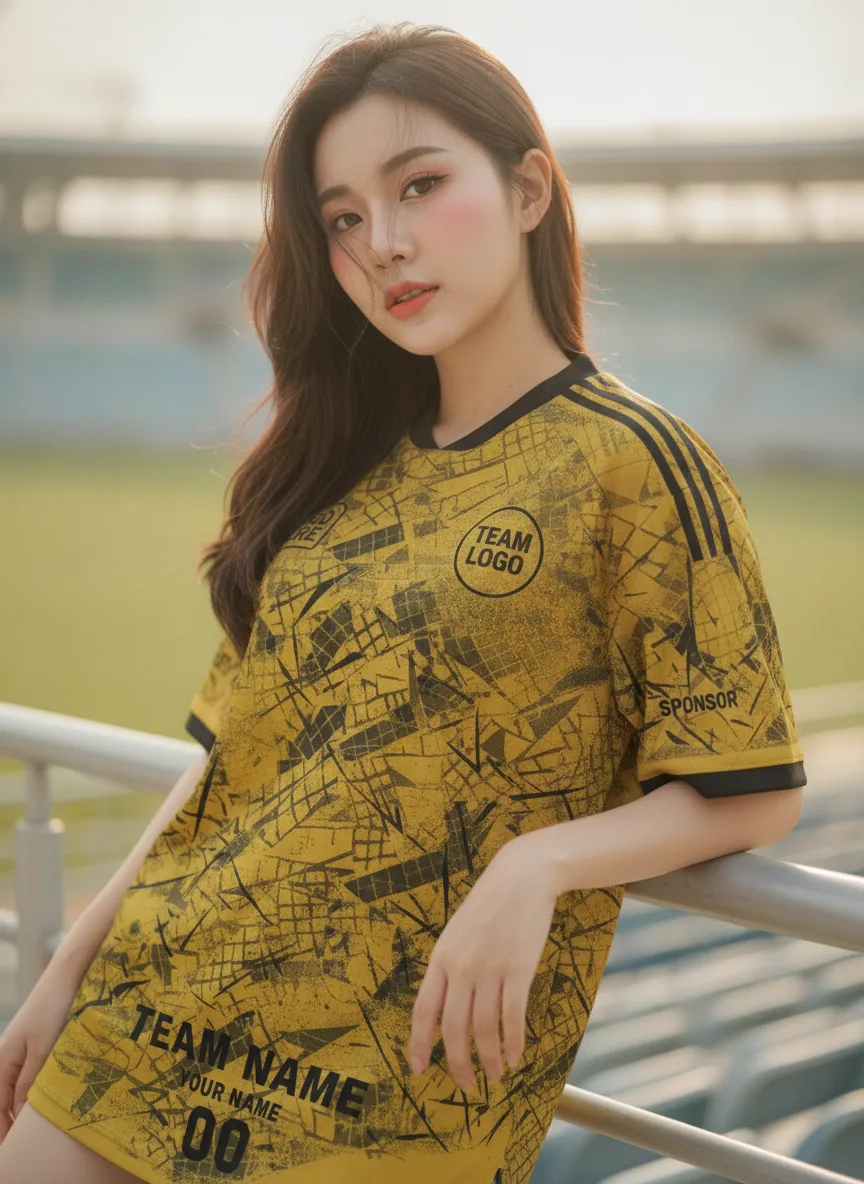 นางแบบใส่เสื้อกีฬาสีเหลือง ลายกรันจ์ดิสเทรส เหลือง-ดำ สั่งทำ สั่งทำใส่ชื่อทีม