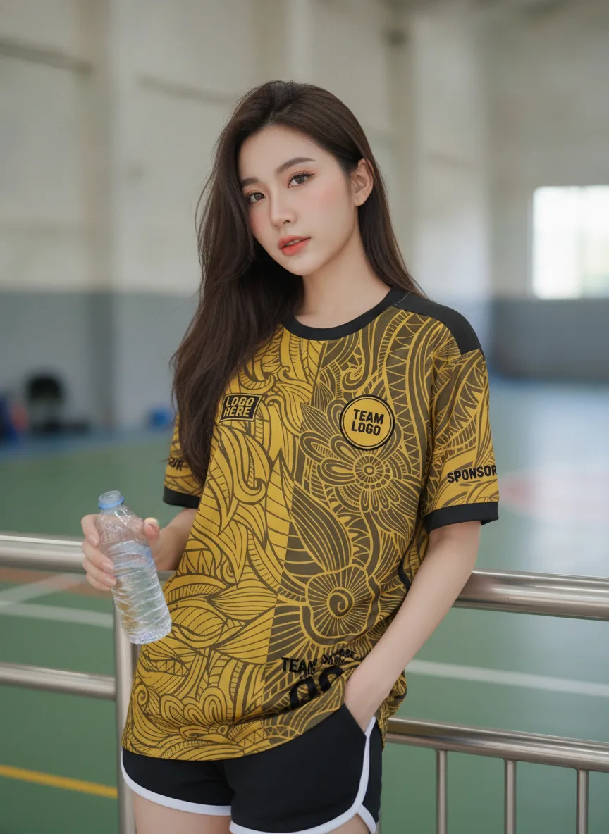 เสื้อกีฬาสีเหลือง ลายเส้นดอกไม้อาร์ต เหลือง-ดำ สั่งทำ มุมที่ 2 เสื้อกีฬาสีเหลือง ลายเส้นดอกไม้อาร์ต เหลือง-ดำ สั่งทำ มุมที่ 2