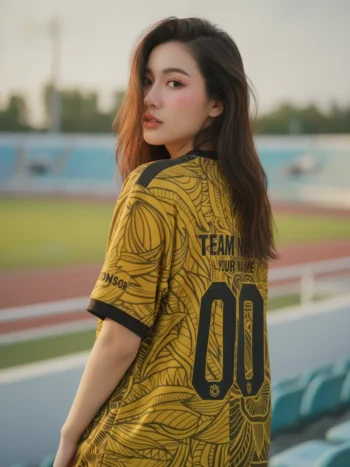 เสื้อกีฬาสีเหลือง ลายเส้นดอกไม้อาร์ต เหลือง-ดำ สั่งทำ ด้านหลัง
