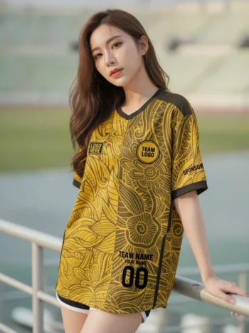 นางแบบใส่เสื้อกีฬาสีเหลือง ลายเส้นดอกไม้อาร์ต เหลือง-ดำ สั่งทำ สั่งทำใส่ชื่อทีม