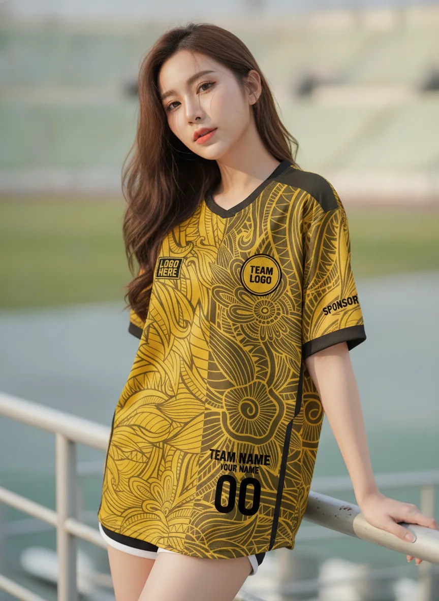 นางแบบใส่เสื้อกีฬาสีเหลือง ลายเส้นดอกไม้อาร์ต เหลือง-ดำ สั่งทำ สั่งทำใส่ชื่อทีม