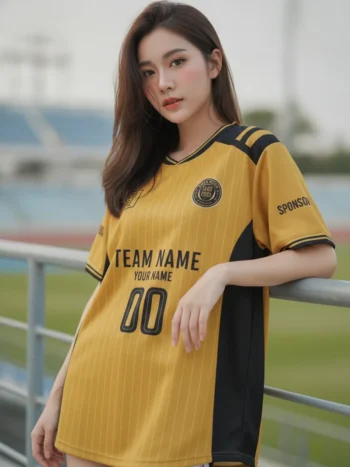 นางแบบใส่เสื้อกีฬาสีเหลือง ลายเมคาเทค เหลือง-ดำ สั่งทำใส่ชื่อ สั่งทำใส่ชื่อทีม