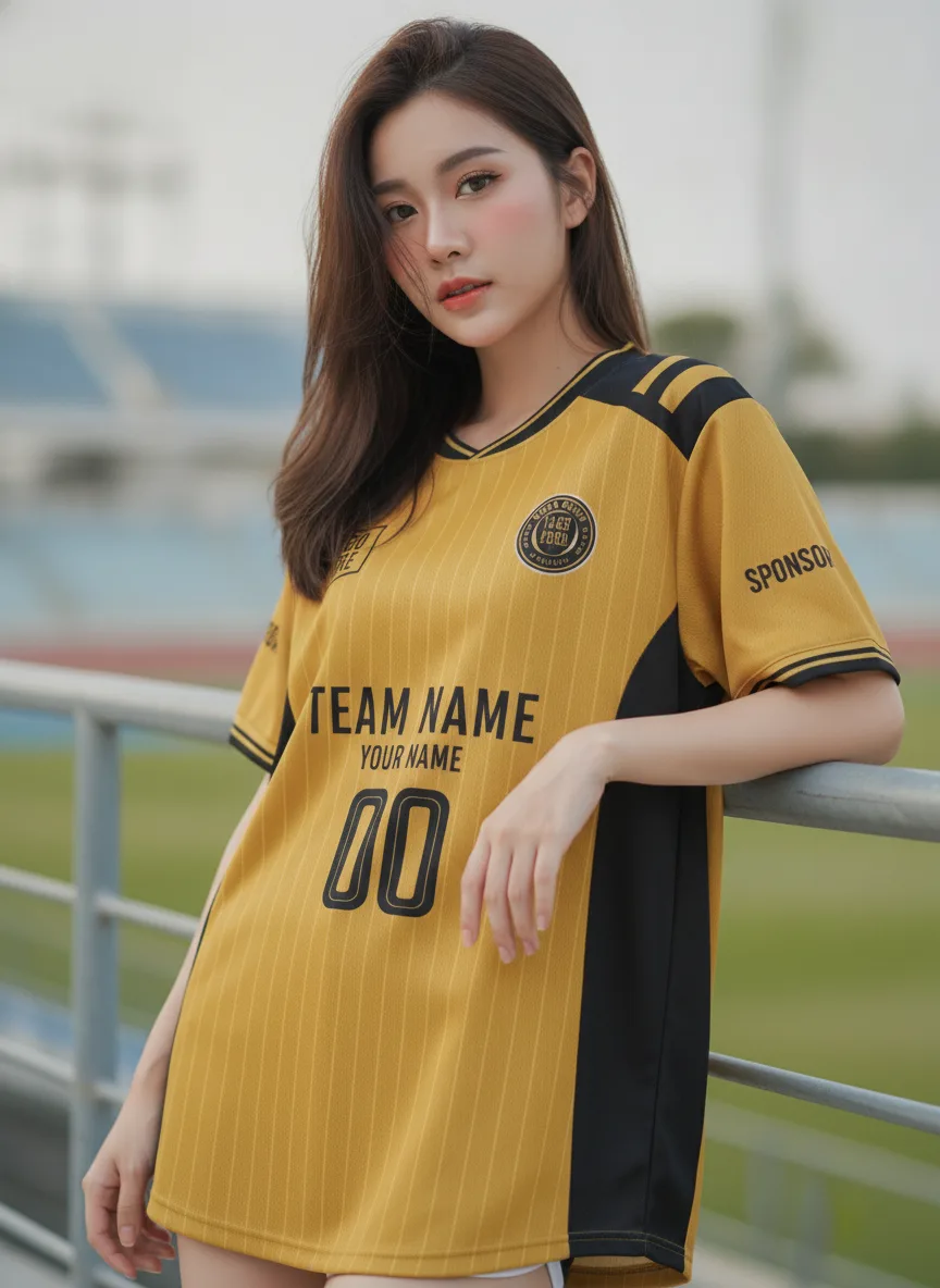 นางแบบใส่เสื้อกีฬาสีเหลือง ลายเมคาเทค เหลือง-ดำ สั่งทำใส่ชื่อ สั่งทำใส่ชื่อทีม
