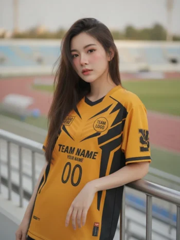 นางแบบใส่เสื้อกีฬาสีเหลือง ลายต้นสนสไปก์ เหลือง-ดำ สั่งทำ สั่งทำใส่ชื่อทีม