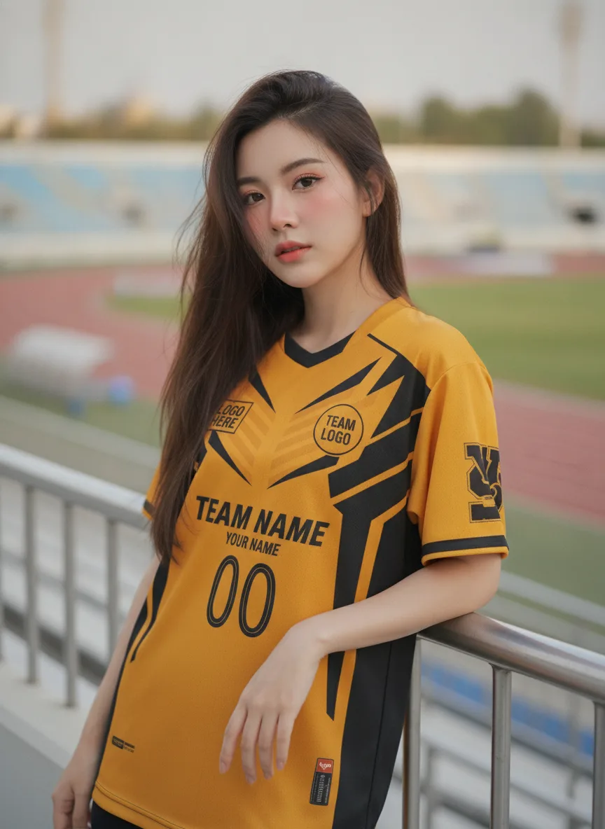 นางแบบใส่เสื้อกีฬาสีเหลือง ลายต้นสนสไปก์ เหลือง-ดำ สั่งทำ สั่งทำใส่ชื่อทีม
