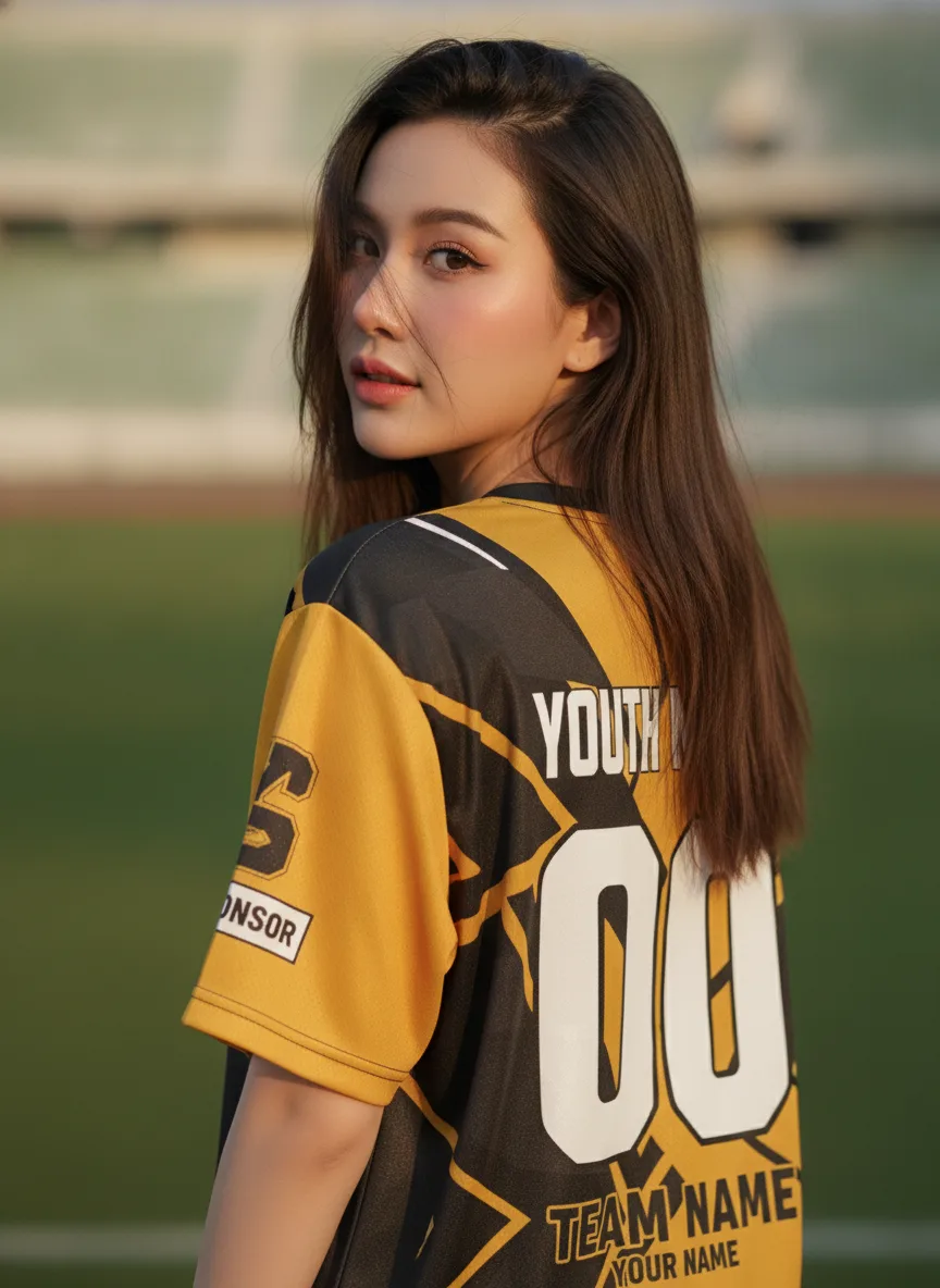 เสื้อกีฬาสีเหลือง ลายกราฟิกแตกเหลี่ยม เหลือง-ดำ สั่งทำ ด้านหลัง เสื้อกีฬาสีเหลือง ลายกราฟิกแตกเหลี่ยม เหลือง-ดำ สั่งทำ ด้านหลัง