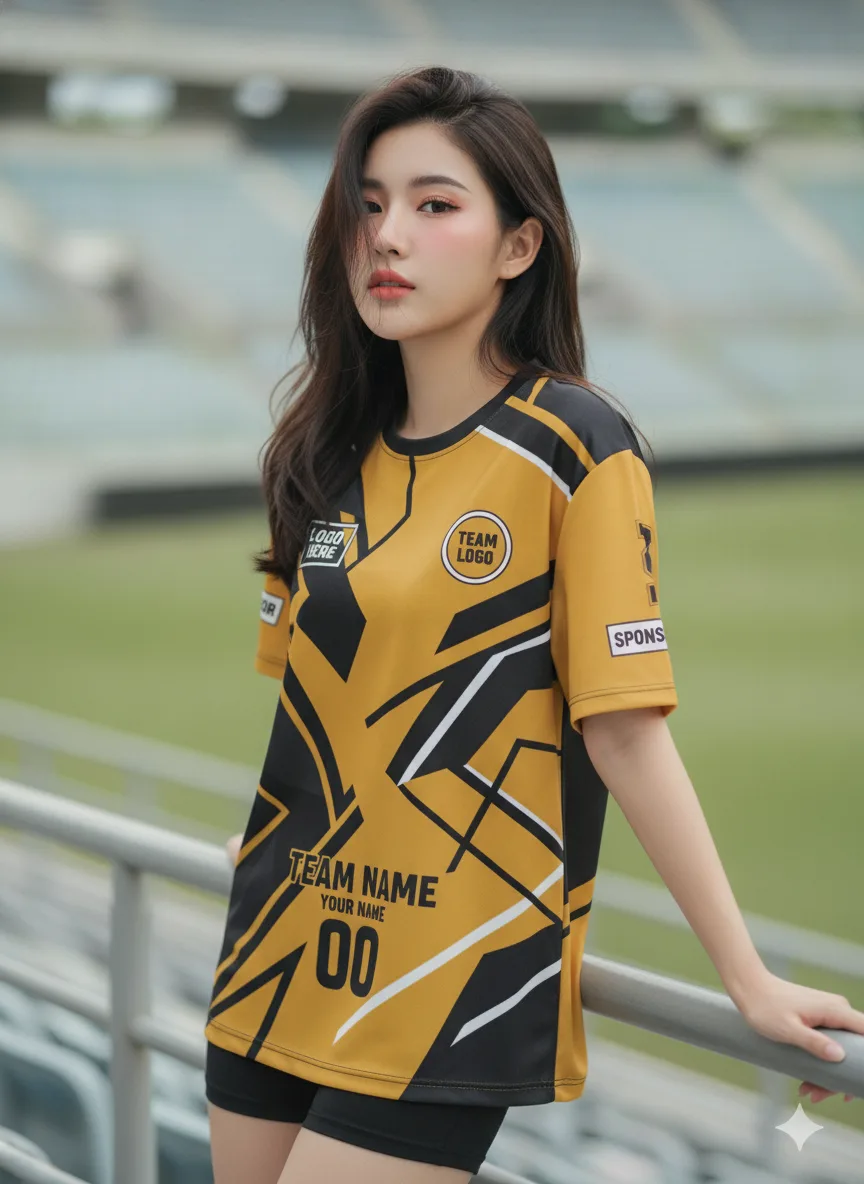 นางแบบใส่เสื้อกีฬาสีเหลือง ลายกราฟิกแตกเหลี่ยม เหลือง-ดำ สั่งทำ สั่งทำใส่ชื่อทีม