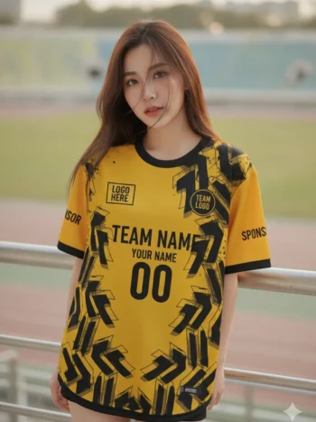 นางแบบใส่เสื้อกีฬาสีเหลือง ลายแปรงสาดกรันจ์ เหลือง-ดำ สั่งทำ สั่งทำใส่ชื่อทีม