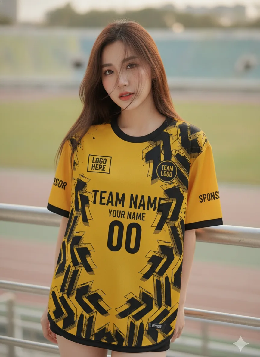 นางแบบใส่เสื้อกีฬาสีเหลือง ลายแปรงสาดกรันจ์ เหลือง-ดำ สั่งทำ สั่งทำใส่ชื่อทีม