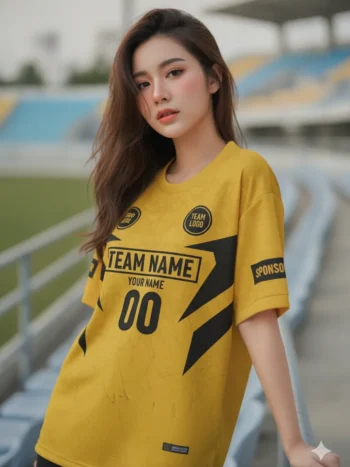 นางแบบใส่เสื้อกีฬาสีเหลือง ลายดาวกราฟิก เหลือง-ดำ สั่งทำ สั่งทำใส่ชื่อทีม