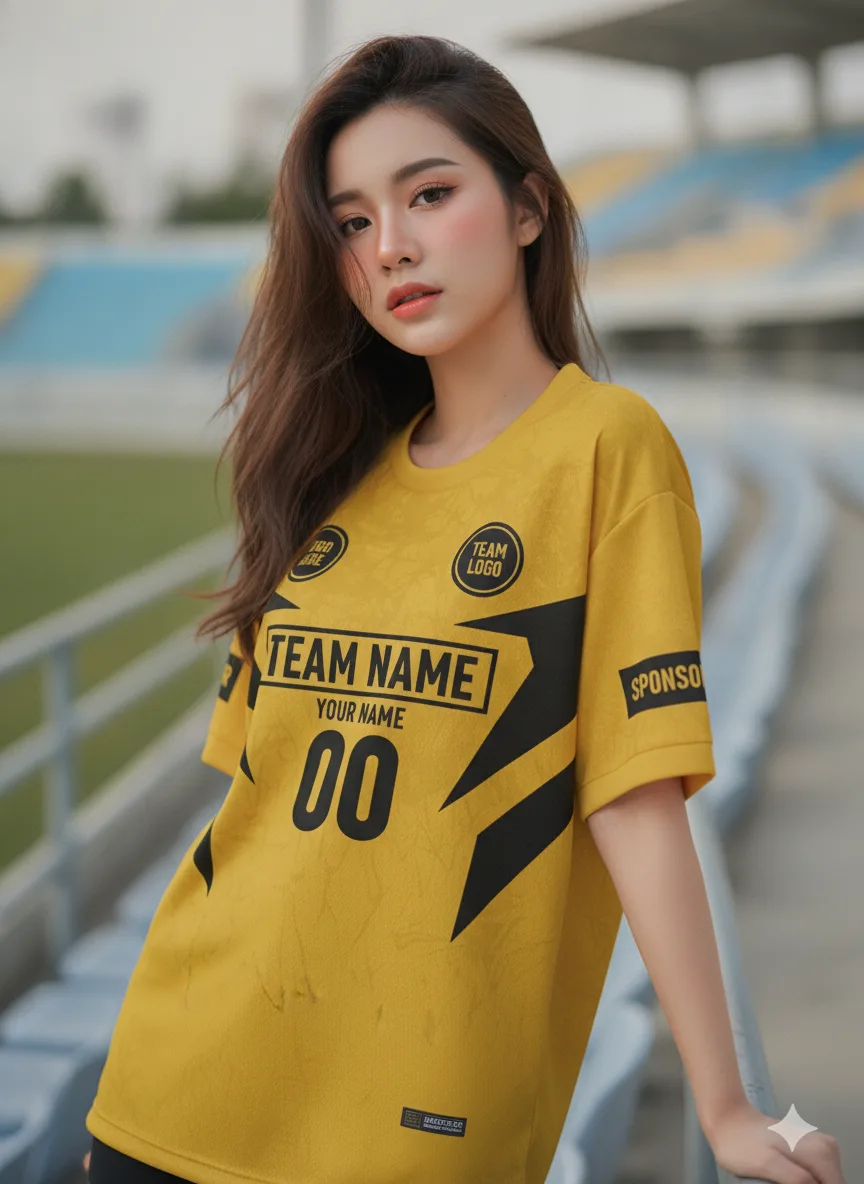 นางแบบใส่เสื้อกีฬาสีเหลือง ลายดาวกราฟิก เหลือง-ดำ สั่งทำ สั่งทำใส่ชื่อทีม