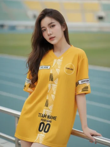 นางแบบใส่เสื้อกีฬาสีเหลือง ลายริ้วเรขาคณิต เหลือง-ดำ สั่งทำ สั่งทำใส่ชื่อทีม