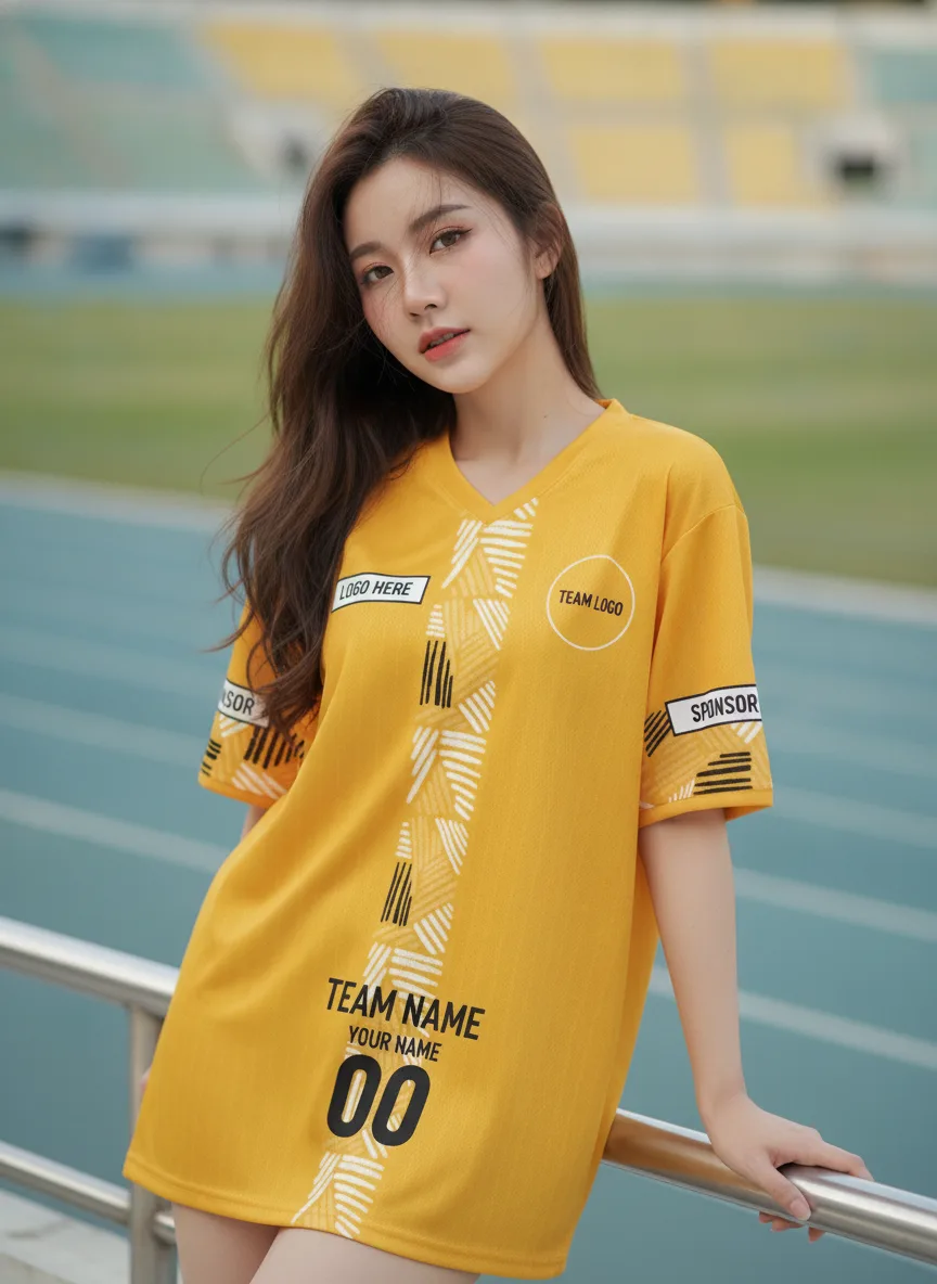 นางแบบใส่เสื้อกีฬาสีเหลือง ลายริ้วเรขาคณิต เหลือง-ดำ สั่งทำ สั่งทำใส่ชื่อทีม