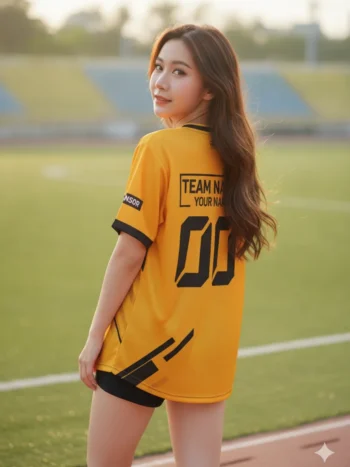 เสื้อกีฬาสีเหลือง ลายกราฟิกเทค เหลือง-ดำ สั่งทำ ด้านหลัง
