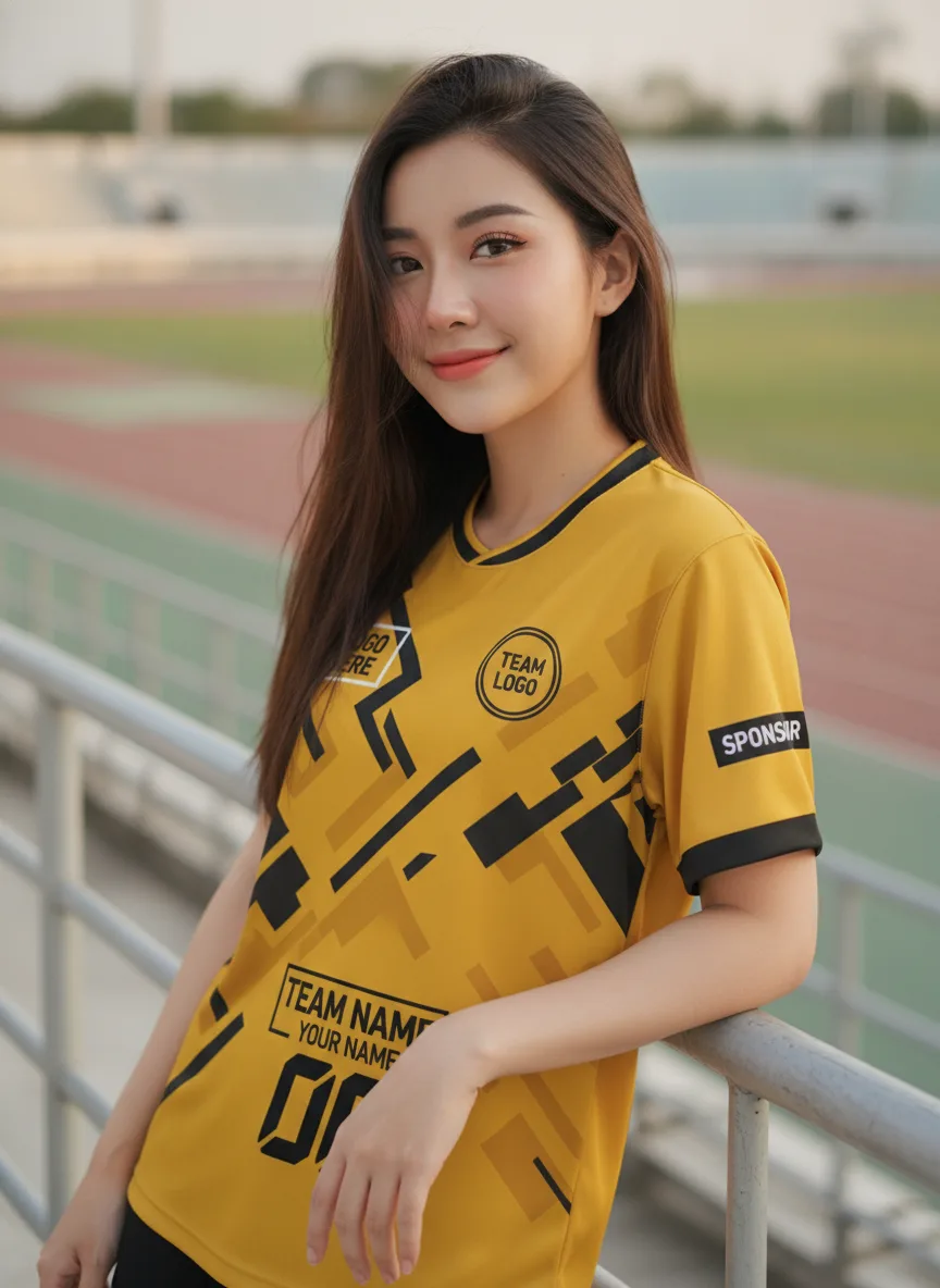 นางแบบใส่เสื้อกีฬาสีเหลือง ลายกราฟิกเทค เหลือง-ดำ สั่งทำ สั่งทำใส่ชื่อทีม