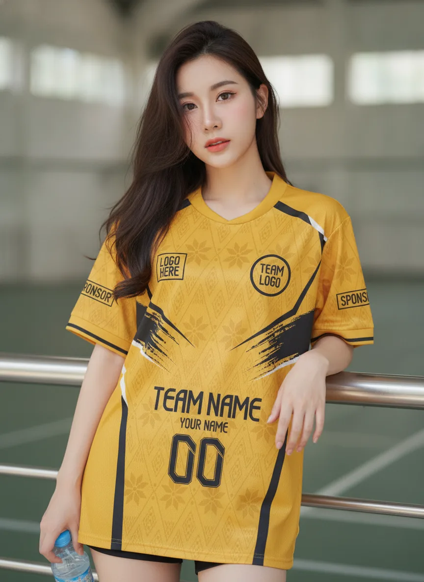 เสื้อกีฬาสีเหลือง ลายแปรงผ้าไทย เหลือง-ดำ สั่งทำ มุมที่ 2 เสื้อกีฬาสีเหลือง ลายแปรงผ้าไทย เหลือง-ดำ สั่งทำ มุมที่ 2