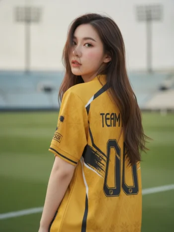 เสื้อกีฬาสีเหลือง ลายแปรงผ้าไทย เหลือง-ดำ สั่งทำ ด้านหลัง