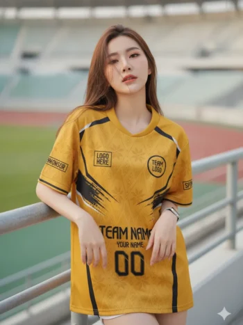 นางแบบใส่เสื้อกีฬาสีเหลือง ลายแปรงผ้าไทย เหลือง-ดำ สั่งทำ สั่งทำใส่ชื่อทีม