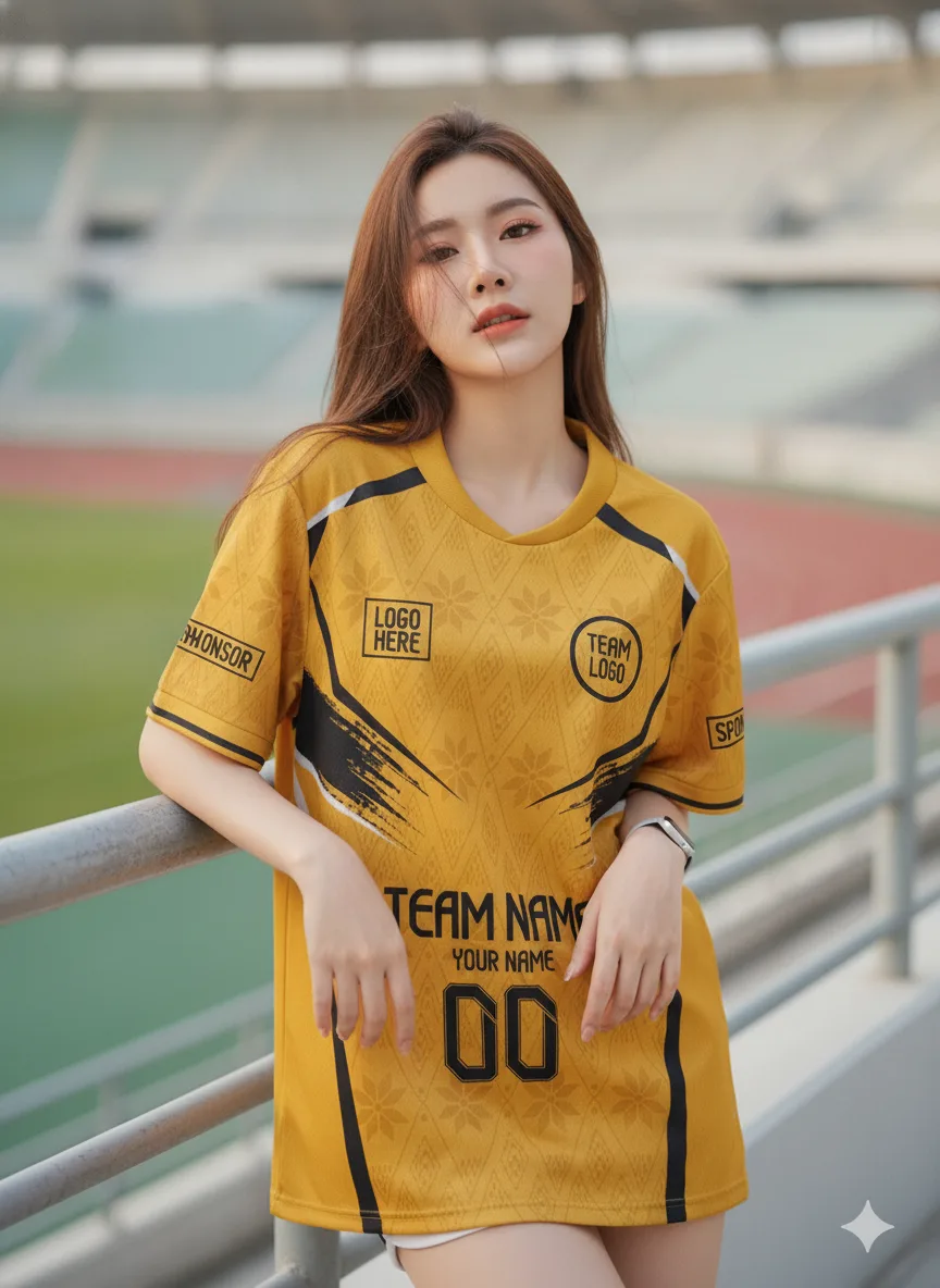 นางแบบใส่เสื้อกีฬาสีเหลือง ลายแปรงผ้าไทย เหลือง-ดำ สั่งทำ สั่งทำใส่ชื่อทีม